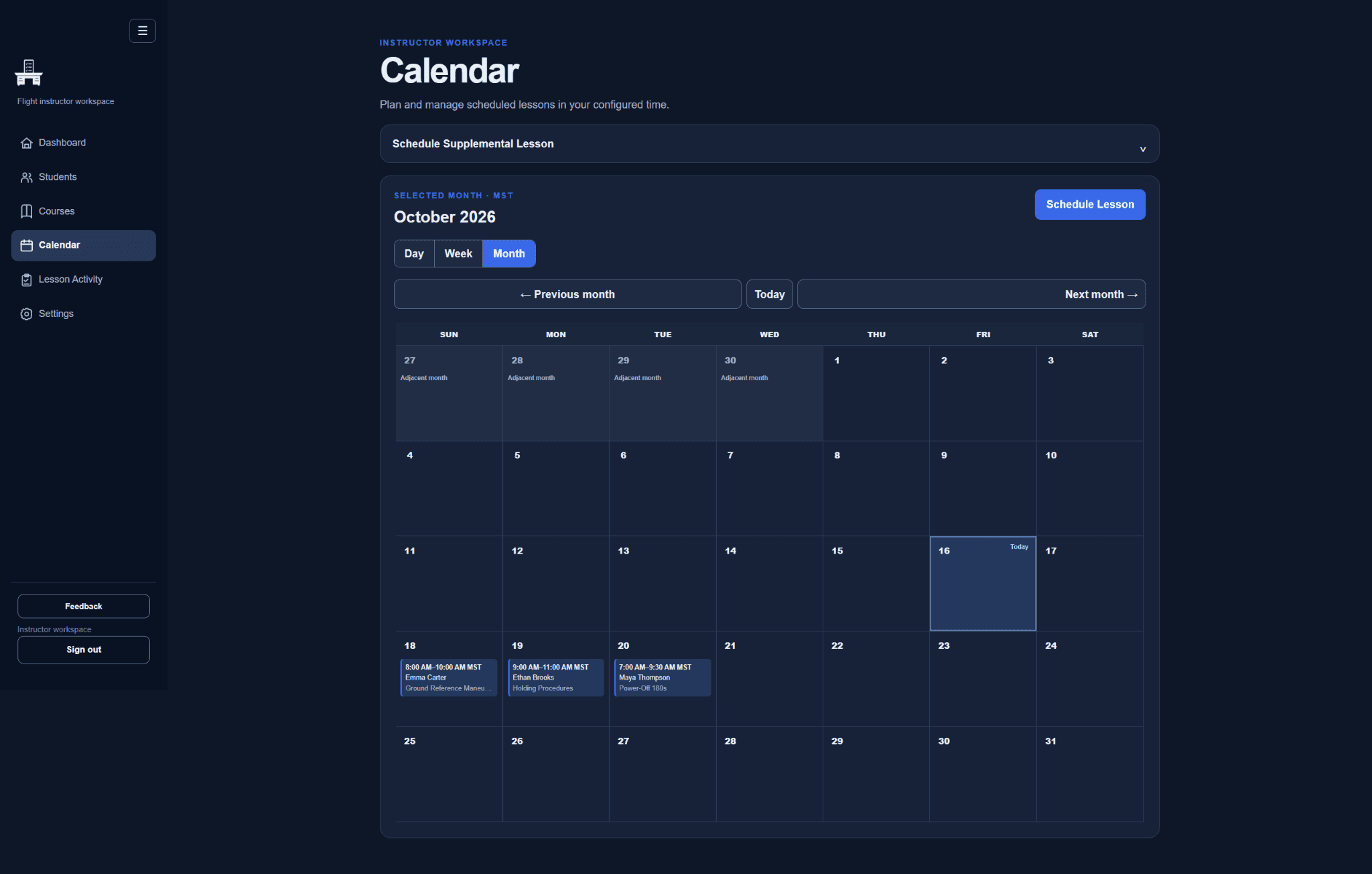 October 2026 demo calendar with scheduled lessons for Emma Carter, Ethan Brooks, and Maya Thompson.