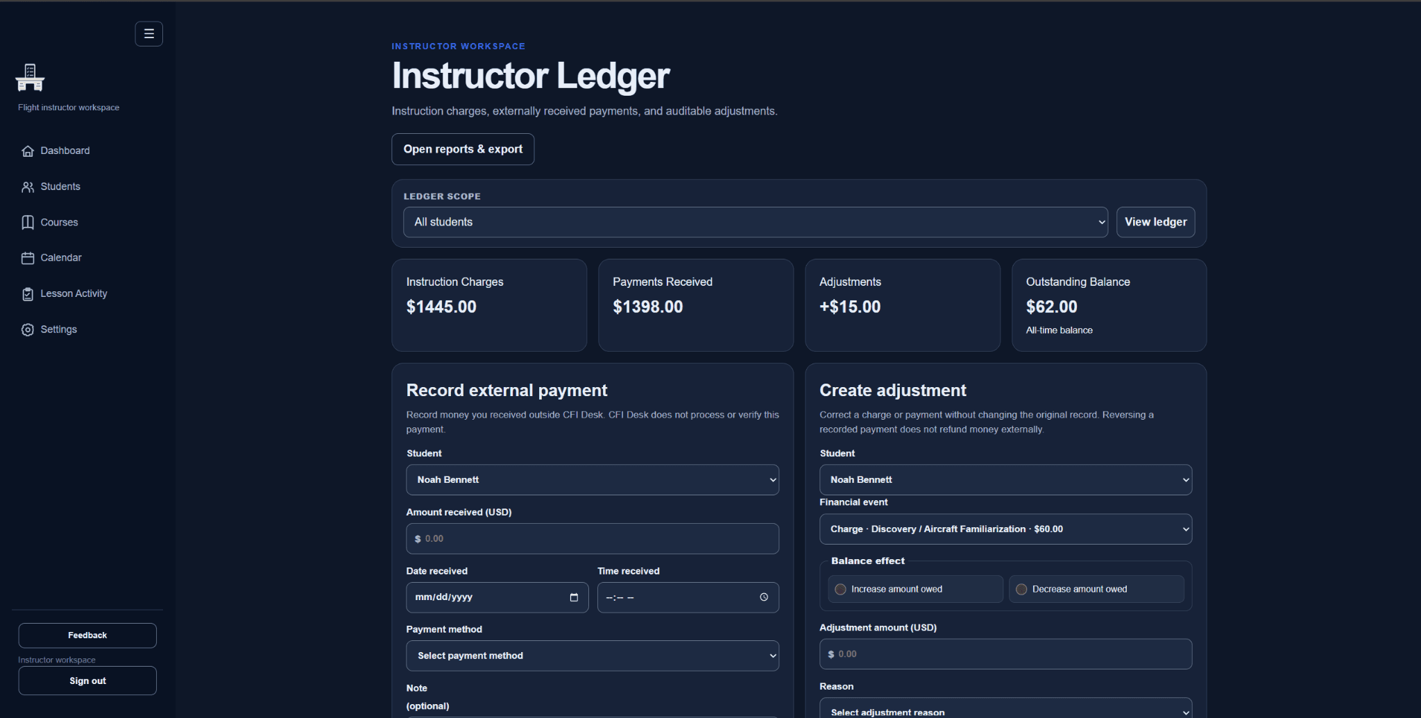 Demo Instructor Ledger showing charges, externally received payments, adjustments, and payment entry controls.