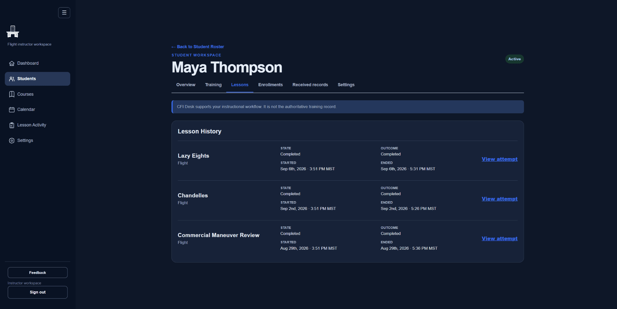 Demo student Maya Thompson’s completed lesson history, with dates and links to each attempt.