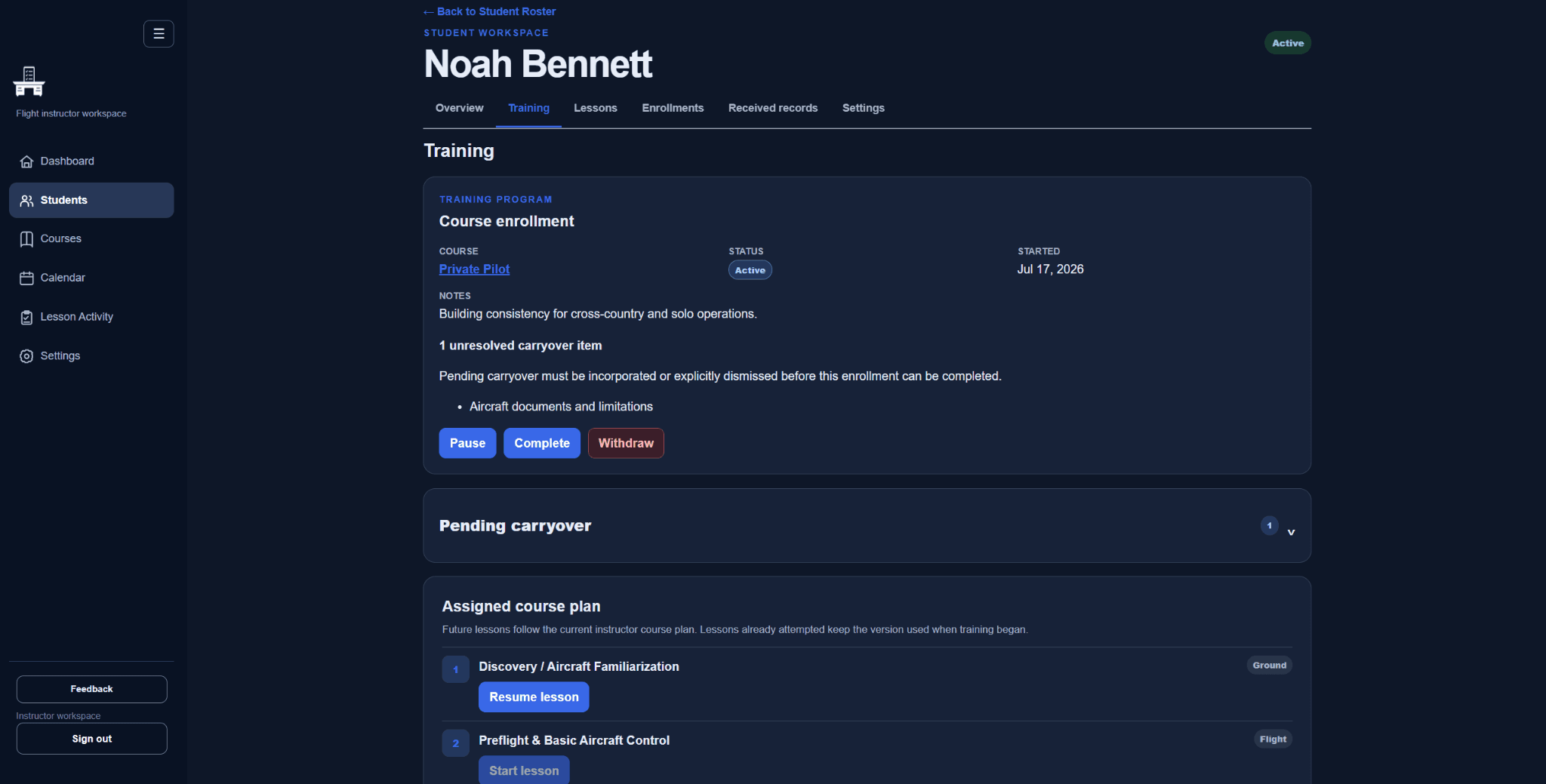 Demo student Noah Bennett’s Training tab showing an active Private Pilot enrollment, an unresolved carryover item, and the assigned course plan.